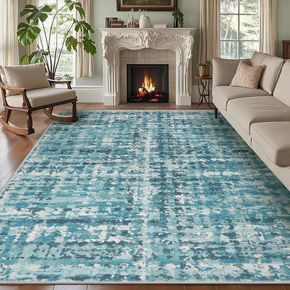 6x9 Abstract Area Rugs for Living Room, Modern Teal Blue Washable Indoor Rug for Bedroom, Thin Soft Large Non-Slip Carpet for Dining Room Home Office Farmhouse Decor