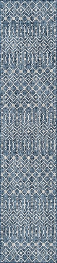 Unique Loom Outdoor Trellis Collection Area Rug - Tribal Trellis (2' 7" x 12' Runner, Blue/ Ivory)