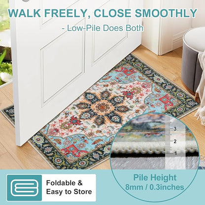 WILLSUN Washable Area Rugs, 8x10 Non-Slip Boho Large Area Rugs for Living Room, Bedroom, Machine Washable Vintage Rug, Indoor Floral Print Carpet for Home Decor, Kid & Pet Friendly Mat