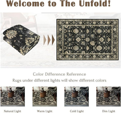 2x3 Washable Entry Rug - Small Entryway Area Rug Non-Slip Door Mat Indoor Entrance Charcoal Black Vintage Floral Kitchen Rug Low Pile Boho Throw Rugs for Entryway Bedroom Bathroom