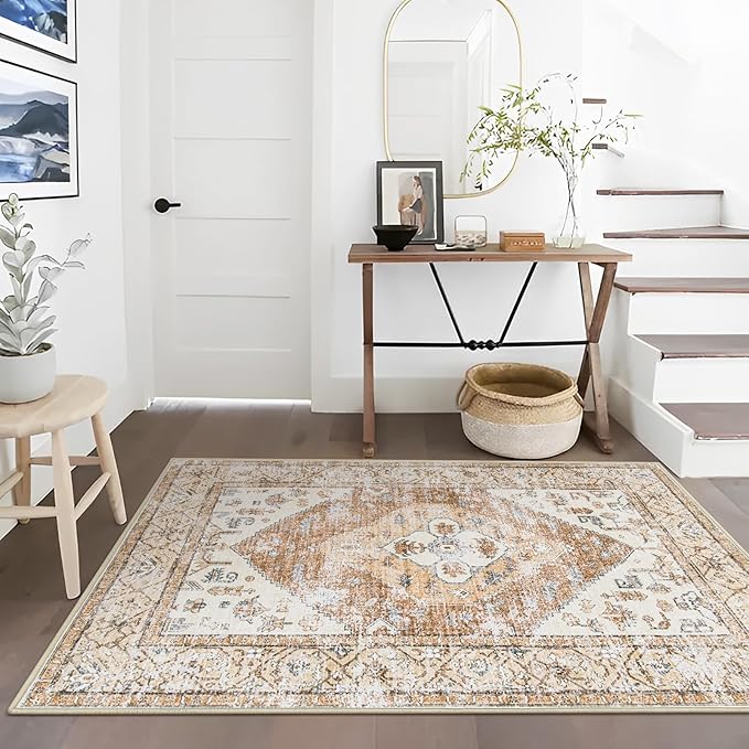 Lahome Boho Washable Living Room Area Rug 3x5 Throw Non-Slip Rugs for Bedroom Aesthetic Lightweight Thin Entry Rug Kitchen Rugs Oriental Distressed Print Capet for Office Bathroom Laundry Room