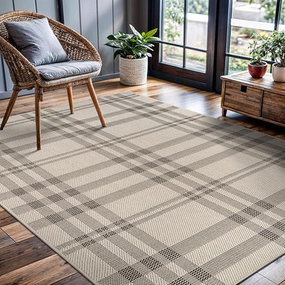 CAMILSON Easy Jute Rug 6x9, Indoor Outdoor Off-White Color Fiber Area Rugs for Entry, Living Room and Farmhouse Rug, Checkred Boho Woven Design, Easy-Cleaning, Washable Outside Carpet (6 x 9)