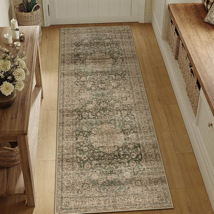 2x6 Washable Vintage Runner Rug Green Brown Hallway Kitchen Carpet Non-Slip Soft Low Pile Distressed Throw Rug for Bedroom Bathroom Laundry Living Room