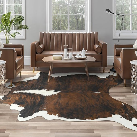AROGAN Western Decor Faux Fur Cowhide Rug, 6.2x7 Feet Premium Animal Skin Cow Hide Rug, Sturdy Cow Print Rugs for Wall Decor, Western Floor Carpet for Bedroom Living Room, Black and Brown
