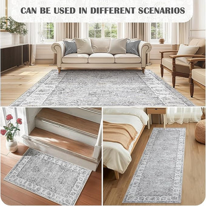 jinchan Fiora Runner Rug 3x8-2pcs Kitchen Washable Vintage Rug Hallway Rug Floral Print Floor Cover Indoor Thin Retro Mat Accent for Bathroom Laundry Room Bedroom Office Farmhouse (Double,Grey)