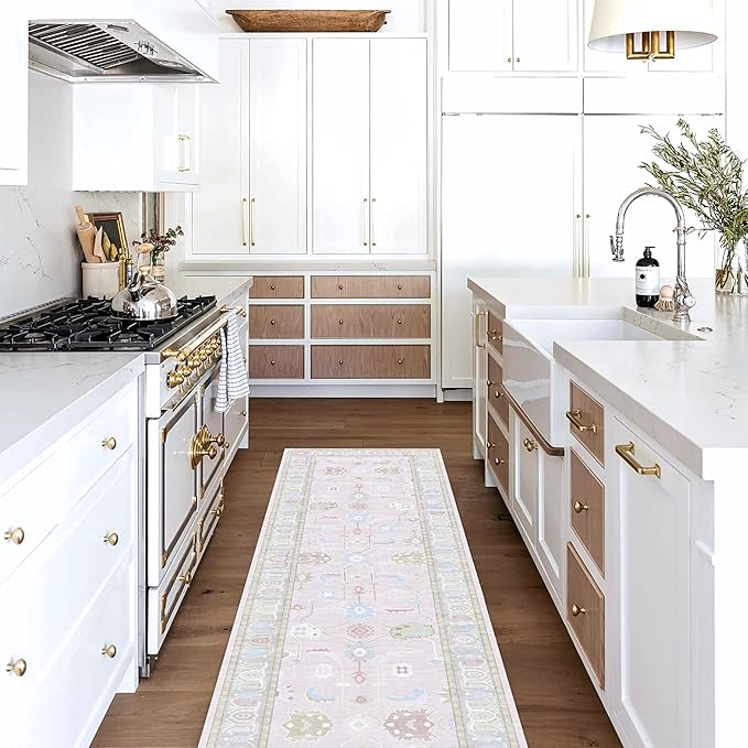 Fame Living Pink Oushak Runner Rug, Modern Runners, Vintage, Turkish, Eclectic, Floral, Pastel, Washable, Runner for Hallway, Kitchen, Bedroom, Bathroom, 2'5"x9'8"