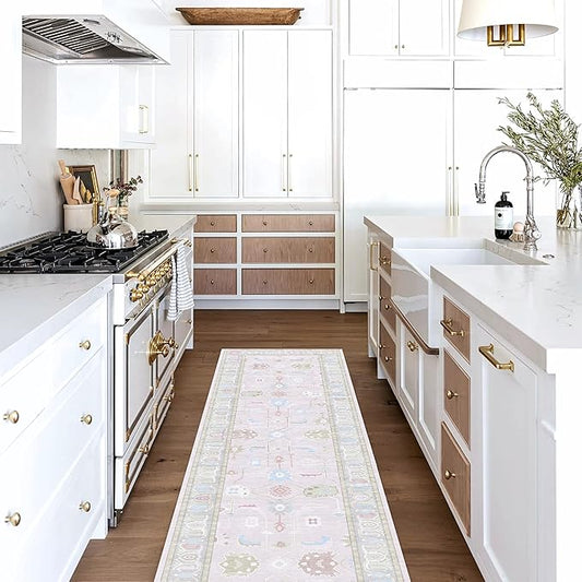 Fame Living Pink Oushak Runner Rug, Modern Runners, Turkish, Eclectic, Floral, Pastel, Washable, Small Throw Rugs, Short Runner for Hallway, Entryway, Laundry, Foyer, Kitchen, Bathroom, 2'5"x6'5"