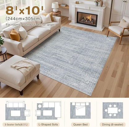 8x10 Area Rugs Living Room: Washable Large Vintage Blue Rug Neutral Non-Slip Soft Stain Resistant Indoor Carpet for Bedroom Nursery Dining Room Under Table Bed Home House Office Playroom