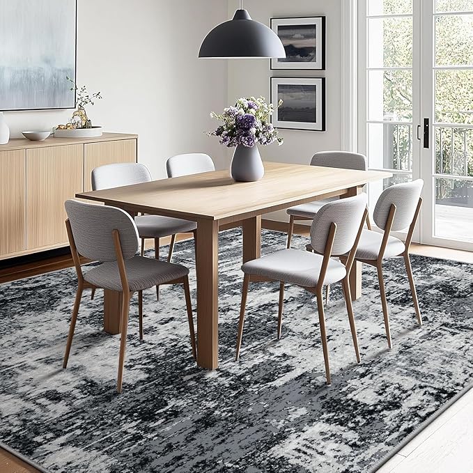 Washable Area Rugs7'x9' Non-Slip Modern Abstract Soft for Living Room Entryway Bedroom Nursery, Print Pattern, Black Gray