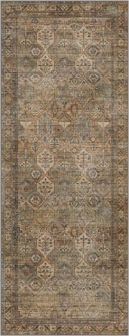 Bavni Runner Rug 3x8 Kitchen Rugs for Hallways Entryway, Washable Vintage Print Carpet, Ultra-Thin Chenille Low Pile Lightweight Rug with Non Slip Backing, Warm Taupe