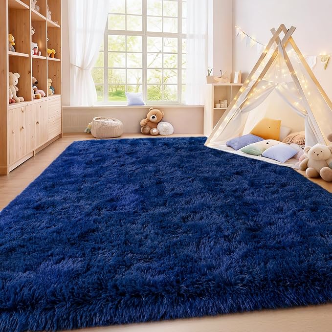 Shag Area Rugs for Living Room, Soft Fuzzy Plush Rugs, Upgrade Anti-Skid Modern Furry Rugs Fluffy Carpets for Kids Room Nursery Home Decor Dark Blue, 6X9 Feet