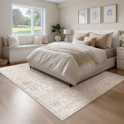 FMFUNCTEX 5x7 Washable Area Rug Neutral Vintage Beige Distressed Non Slip Low Pile Traditional Indoor Carpet for Living Room Bedroom Soft Retro Mat Throw Rug for Dining Office Kitchen Dorm Entryway