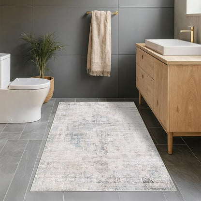 Washable Light Blue Rugs for Entryway Indoor - 3x5 Throw Rug for Large Kitchen, Bedroom Bedside, Bathroom, Mudroom, Mordern Abstract Medallion Aqua Décor, Non Slip Low Pile Fade Resistant