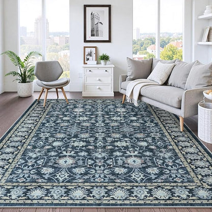 LIVEBOX Washable Area Rug 8x10 - Large Blue Boho Living Room Rug Vintage Rugs for Bedroom, Non-Slip Retro Floral Carpet Print Distressed Accent Rugs for Dining Room Home Office