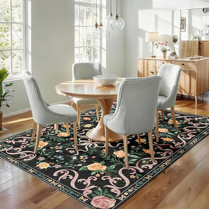 Black Rug Bow Floral Rug for Girls, 5x7 Washable Area Rugs for Bedroom Living Room, Kitchen,Dining Room,Kids Room,Playroom, Cute Ultra-Thin Non Slip Low Pile Indoor Carpet