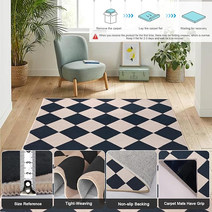 Black Checkered Rug 3x5 Indoor Washable Non-Slip Rug Modern Diamond Soft Low Pile Kitchen Rugs,Neutral Farmhouse Throw Carpet for Nursery Bathroom Room Dorm