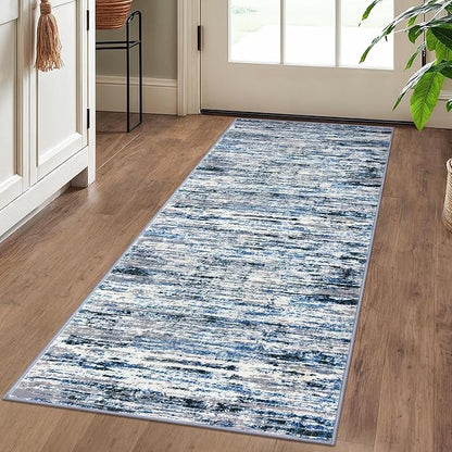 Modern Abstract Runner Rug 2x5, Grey Blue White Washable Entryway Kitchen Runner Non-Slip Soft Hallway Rug Runner Thin Print Faux Wool Carpet for Bedroom Laundry Room Indoor