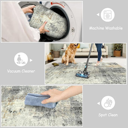 Lahome Modern Abstract Round Rug - 6Ft Gray Circle Rugs for Living Room Soft Dining Room Rugs for Under Table, Machine Washable Bedroom Mat Non Slip Large Carpet for Office Kitchen Entrance