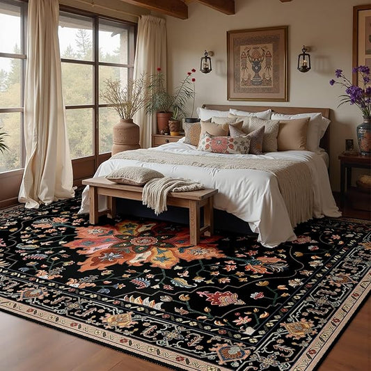 Area Rugs 10'x12' Washable Non-Slip, Floral Vintage Distress Print Pattern Medallion Carpet for Living Room Bedroom Dining Room, Black Colorful Floral Dark Tan