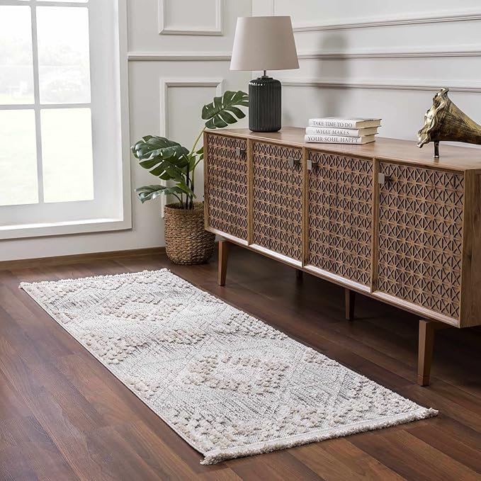Hauteloom Poydras Farmhouse Living Room Bedroom Modern Moroccan Area Rug - Soft Shaggy High Low Carpet - High Pile - Bohemian, Boho - Gray, Beige, Cream - 9'2" x 12'