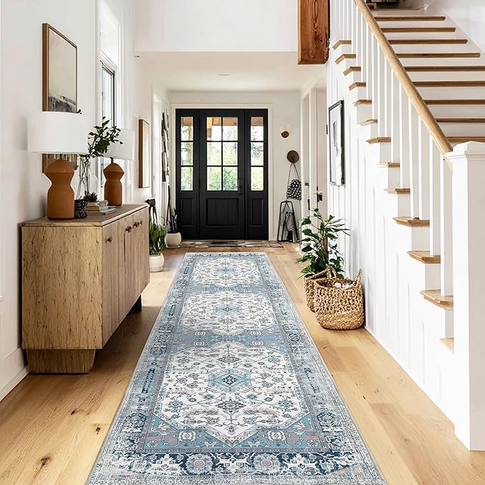 XWZO Washable Hallway Runner Rug 2x8ft — Non-Slip Low Pile Area Rug with Rubber Backing, Spill Resistant Soft Vintage Floor Carpet Runner for Kitchen Entryway Doorway Bedroom Corridor, Blue