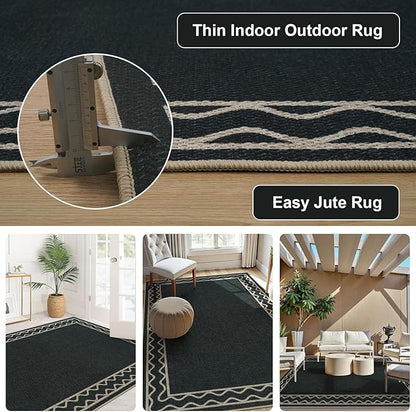 OJIA Easy Jute Washable Rugs 8x10, Large Outdoor Patio Rug Washable Living Room Rug Farmhouse Indoor Outdoor Carpet Wavy Border Modern Non-Slip Black Rugs for Bedroom Backyard Deck Decor