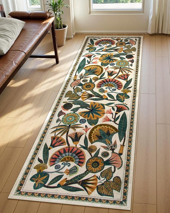Egypt Floral Washable Bathroom Runner Rug for Kitchen Floor,2x8 Boho Rug Runners for Hallways Entryway,Vintage Non Slip Soft Throw Carpet for Laundry Room Entrance (Beige,2'6''x8')