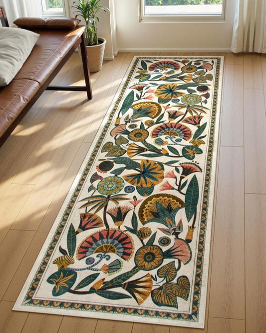 Egypt Floral Washable Bathroom Runner Rug for Kitchen Floor,2x8 Boho Rug Runners for Hallways Entryway,Vintage Non Slip Soft Throw Carpet for Laundry Room Entrance (Beige,2'6''x8')