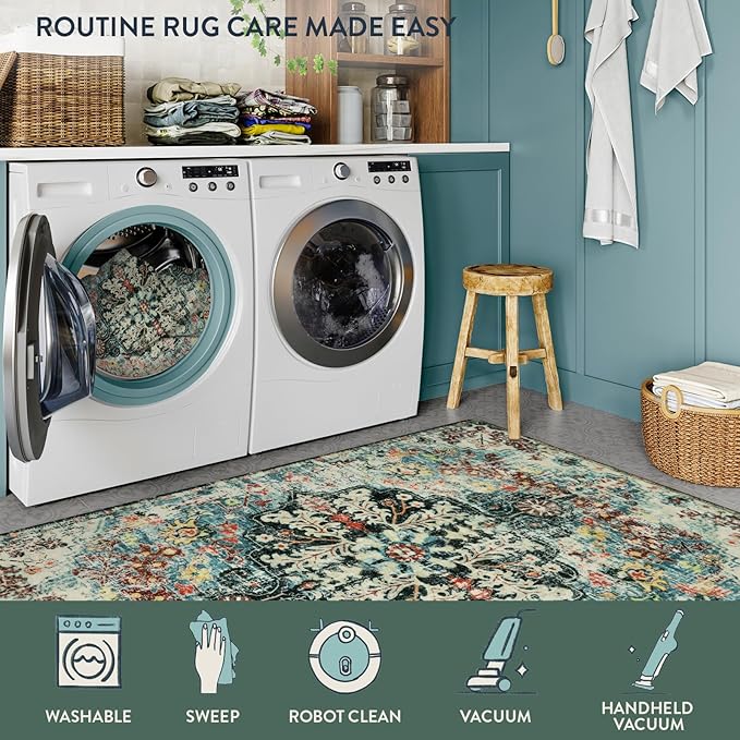 Lahome Area Rugs 6x9, Washable Area Rugs for Living Room Non Slip Bedroom Dining Room Rug, Large Bohemian Soft Stain Resistant Indoor Floor Carpet for Apartment Nursery Kids Room, Teal