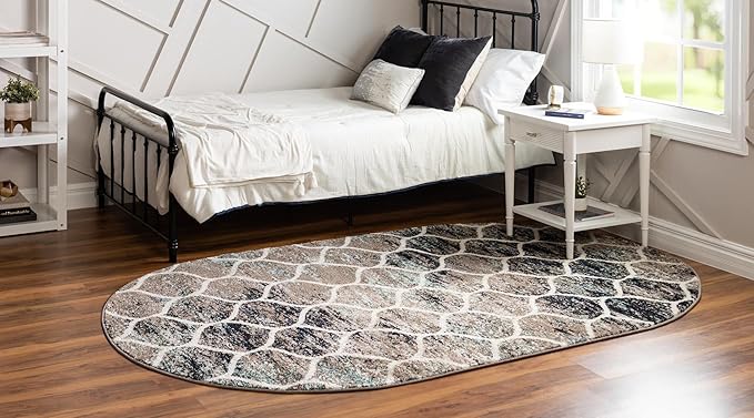 Rugs.com Lattice Frieze Collection Rug – 5' x 8' Oval Blue Multi Medium Rug Perfect for Living Rooms, Large Dining Rooms, Open Floorplans