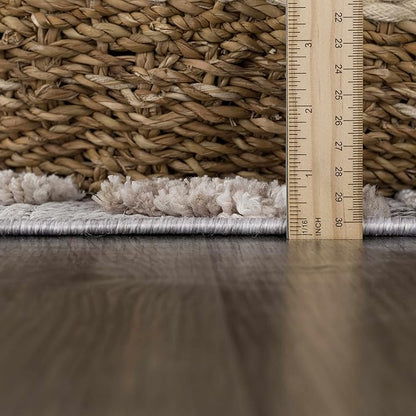 Hauteloom Bogtong Farmhouse Living Room Bedroom Moroccan Trellis Area Rug - Soft Shaggy High Low Carpet - High Pile - Bohemian, Boho - Gray, Beige, Cream - 5'3" x 7'