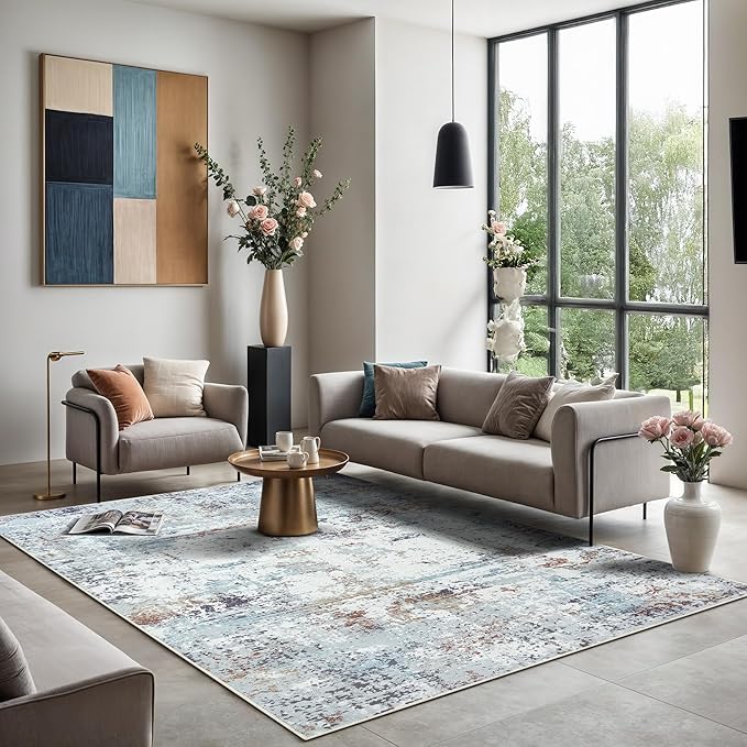 GLN Rugs Contemporary Collection - Machine Washable Area Rug, Contemporary Washable, Non Slip, Low Pile Chenille Rug, Living Room, Bedroom, Kitchen Rug (6' x 9' White/Grey/Blue/Brown)