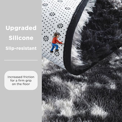 Andency 6x9 Area Rugs, Large Shag Fluffy Soft Shaggy Rugs for Living Room Bedroom, Non-Slip Tie-Dyed White Black Thick Plush Carpet for Kids Girls and Boys, Dorm Nursery Home Decor Aesthetic