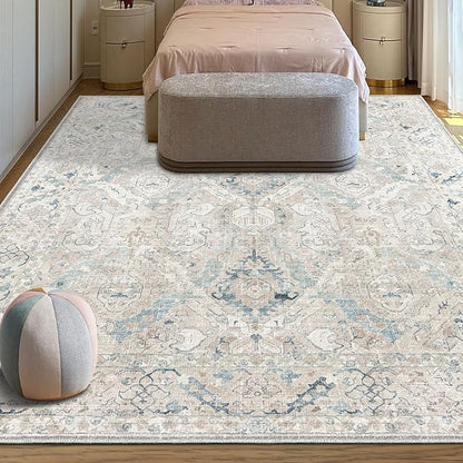 8x10 Area Rugs for Living Room, Machine Washable Non Slip Vintage Retro Rugs, Low Pile Lightweight Chenille Print Indoor Rug for Bedroom, Dining Room, Home Office(Grey/Blue/TAN/Teal/Green)