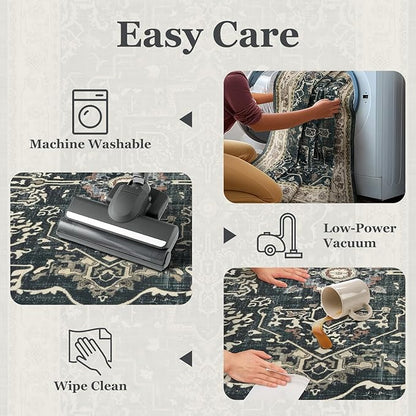 Large Vintage Area Rugs 9x12 for Living Room, Dark Distressed Medallion Printed Big Carpet Rugs for Bedroom, Washable Non Slip Low Pile Thin Rugs for Dining Room, Midnight/Multi