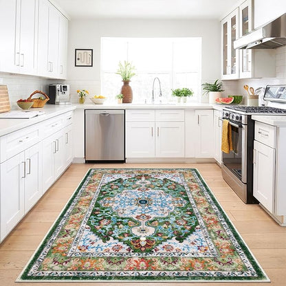 U'Artlines Boho Vintage Area Rug 3x5 Machine Washable Low Pile Soft Floor Carpet Non Slip Non Shedding Accent Rug for Living Room Bedroom Entryway Dining Room Office Green