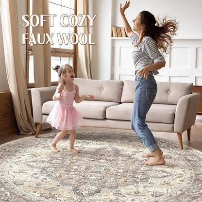 Round Rug Living Room Rugs: 7x7 Washable Boho Neutral Large Circle Soft Indoor Floral Stain Resistant Floor Farmhouse Carpet for Bedroom Nursery Kids Playroom Office Dining Room Dorm Home- Beige Brown