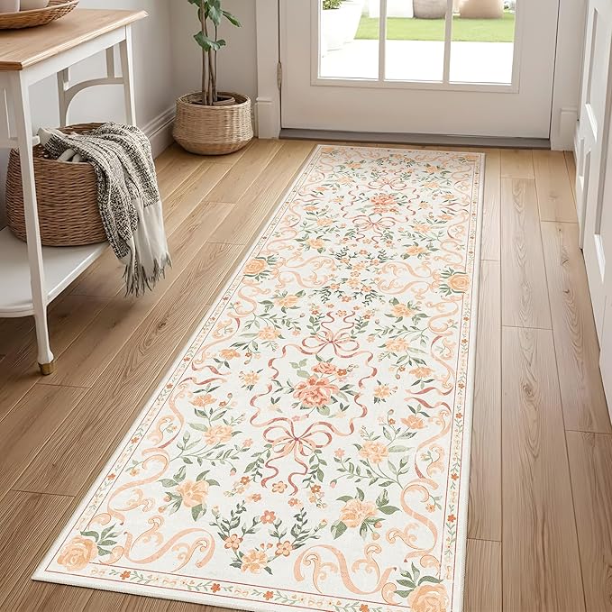 Washable Non-Slip Runner Rugs 2X6, Orange Rug Boho Farmhouse Bow Floral Area Rug for Hallway Kitchen Bedroom Beside Laundry Room Bathroom Rug, Low Pile Stain Resistant Soft Floor Carpet