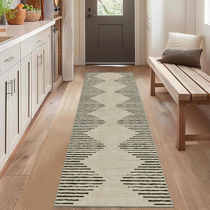 HelloTree Hallway Runner Rug，2x6 Moroccan Modern Stripe Carpet Washable Machine Bathroom Runner Bohemian Design Modern Soft Non Slip Indoor Rug for Entryway Hallway Laundry Room Bedroom-Cream
