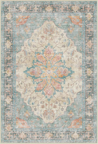 Area Rugs 3'x5' Washable Non-Slip, Floral Vintage Distress Print Pattern Medallion Carpet for Living Room Bedroom Dining Room, Blue Orange Red