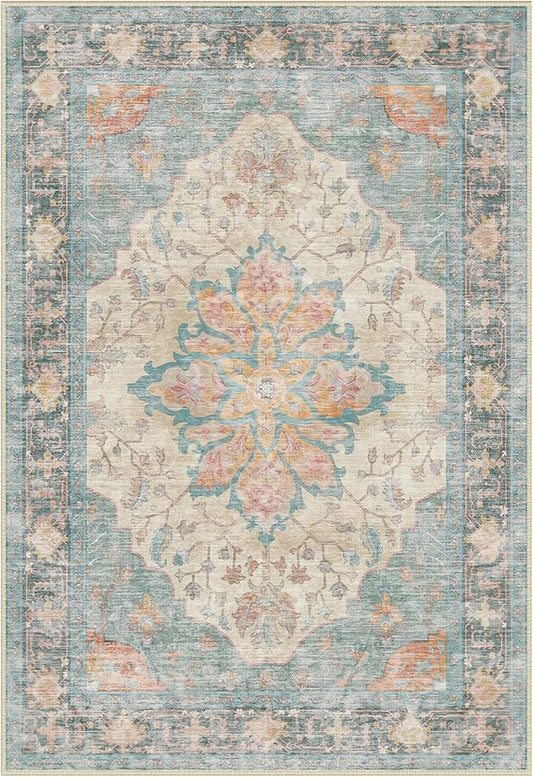 Area Rugs 3'x5' Washable Non-Slip, Floral Vintage Distress Print Pattern Medallion Carpet for Living Room Bedroom Dining Room, Blue Orange Red