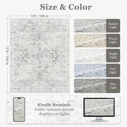 Large Farmhouse Area Rugs 9x12 for Living Room, Distressed Medallion Printed Big Carpet Rugs for Bedroom Under Bed, Washable Non Slip Low Pile Thin Rugs for Dining Room, Off White/Grey