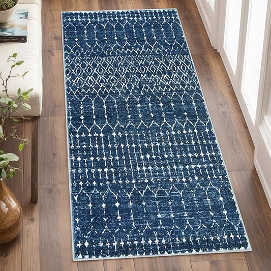 Lahome Moroccan Runner Rugs for Hallway 2x4 Bathroom Rugs Non-Slip Small Throw Kitchen Carpet Low-Pile Mat for Entryway Laundry Room Mat Geometric Indoor Carpert for Entrance Bath (Blue,2'x4')