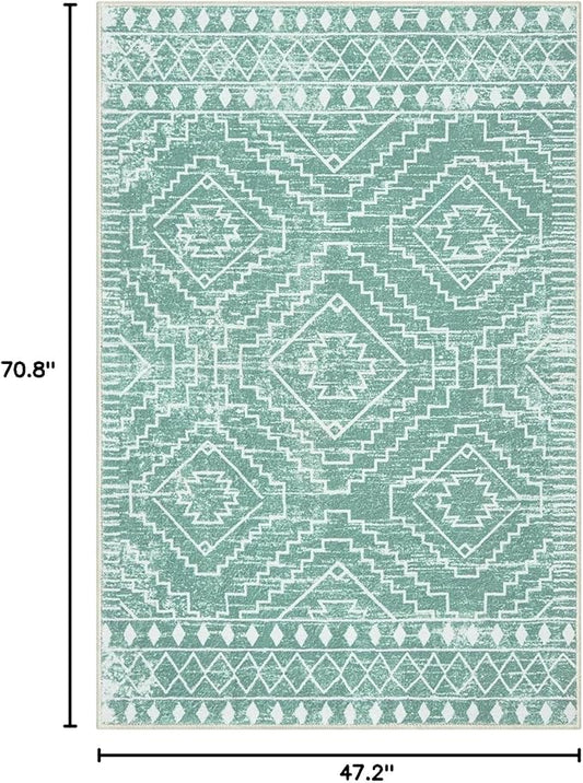 Wonnitar Moroccan Area Rugs 4x6, Sage Green Boho Rug for Bedroom, Washable Ultra-Thin Living Room Throw Mat, Farmhouse Geometric Soft Print Carpet for Nursery Bathroom Kitchen (Mint Green,4'x6')