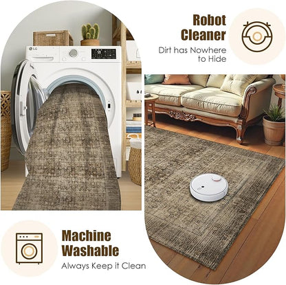 Washable Area Rug 9' x 12' Vintage Traditional Persian Mat - Foldable Distressed Non-Slip Machine Washable Carpet for Living Room Bedroom Kitchen Home Decor - Mocha and Taupe