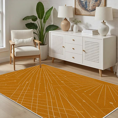 Modern Washable Area Rug 6x8, Boho Minimalist Non-Slip Rugs, Abstract Striped Soft Carpet for Living Room Bedroom Nursery Room Home Decor Office, Pet Friendly, Orange Beige