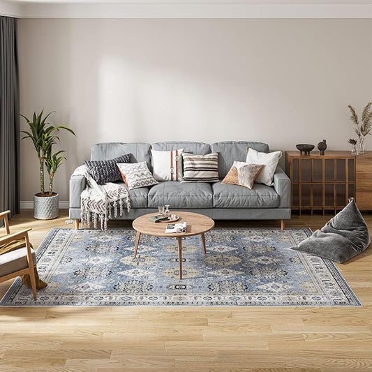 Dripex Washable Area Rug 6x9 Living Room Rug Stain & Water Resistant Foldable Thin Vintage Rugs Faux Wool Floor Carpet for Bedroom Dining Room Kitchen Bathroom Farmhouse Office