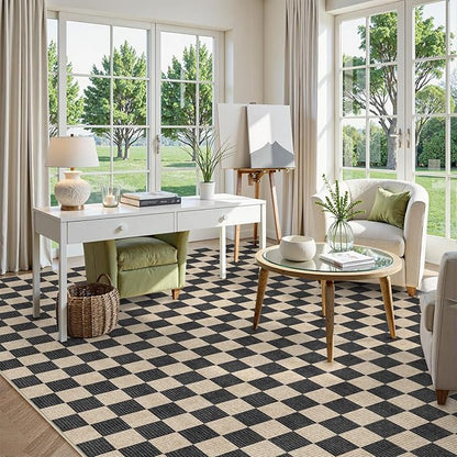 LIVEBOX 10x14 Area Rugs for Living Room, Checkered Non-Slip Washable Rugs, Farmhouse Neutral Classic Geometric Pattern Large Boys Area Rug for Bedroom, Carpet for Dining Room Office (Black,10'x14')
