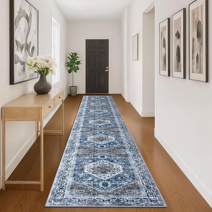 KOZYFLY Runners for Hallways 3x16 Ft Extra Long Washable Kitchen Thin Runner Rug Boho Runner Rug for Entryway Indoor Blue Printed Oriental Faux Wool Stair Floor Carpet Runner for Stair Kitchen Hall