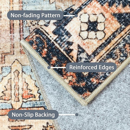 Bavni Washable Rug 5x7 Area Rug for Living Room Bedroom Dining, Washable Vintage Print Carpet, Ultra-Thin Low Pile Lightweight Rug with Non Slip Backing, Multi Beige